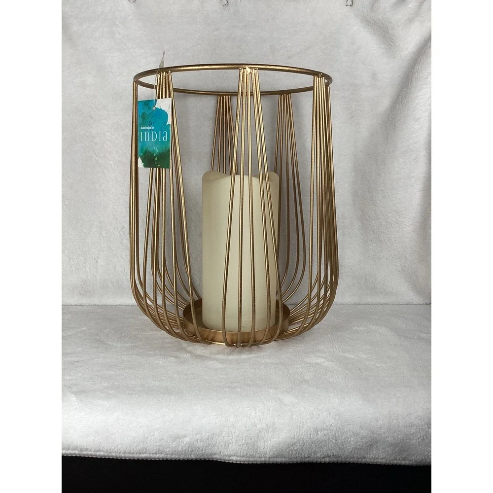 Handcrafted in India Metal Wire Hurricane Candle Holder OS Gold New Modern